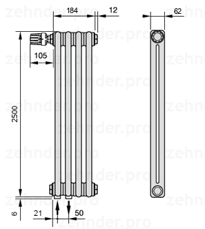 Схема (чертеж) Радиатор Zehnder Charleston 2250/4 №V001 Белый глянцевый RAL 9016